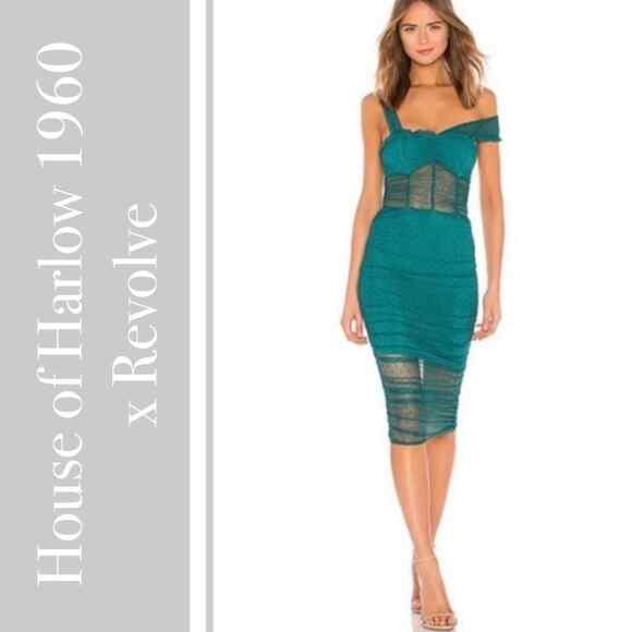 NEW House of Harlow 1960 x Revolve Nola Aquamarine Ruched Dress - Picture 1 of 7